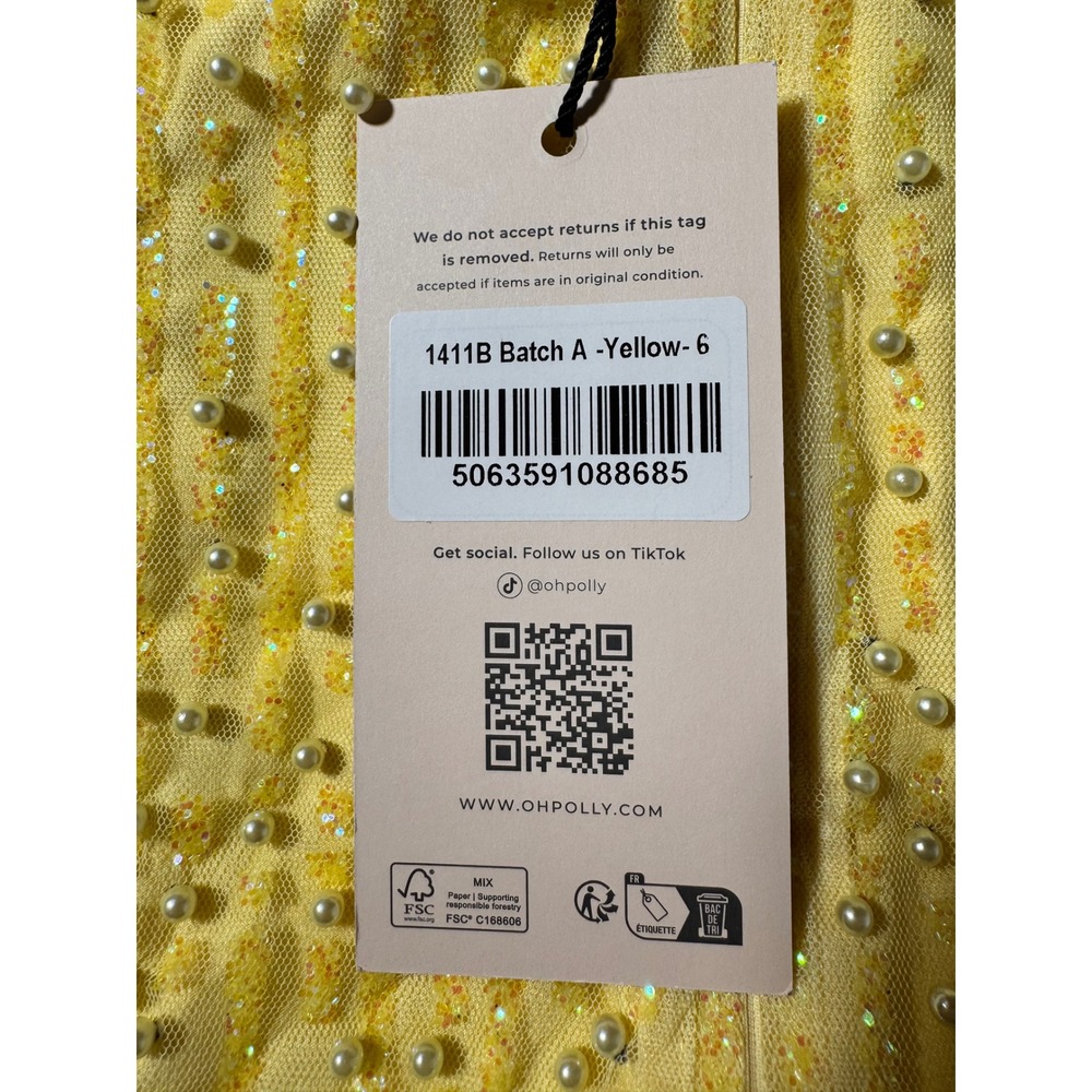 Oh Polly Yellow Pearl Sequin Mesh Mini Dress Spaghetti Strap Bodycon US 2 new - Picture 7 of 9